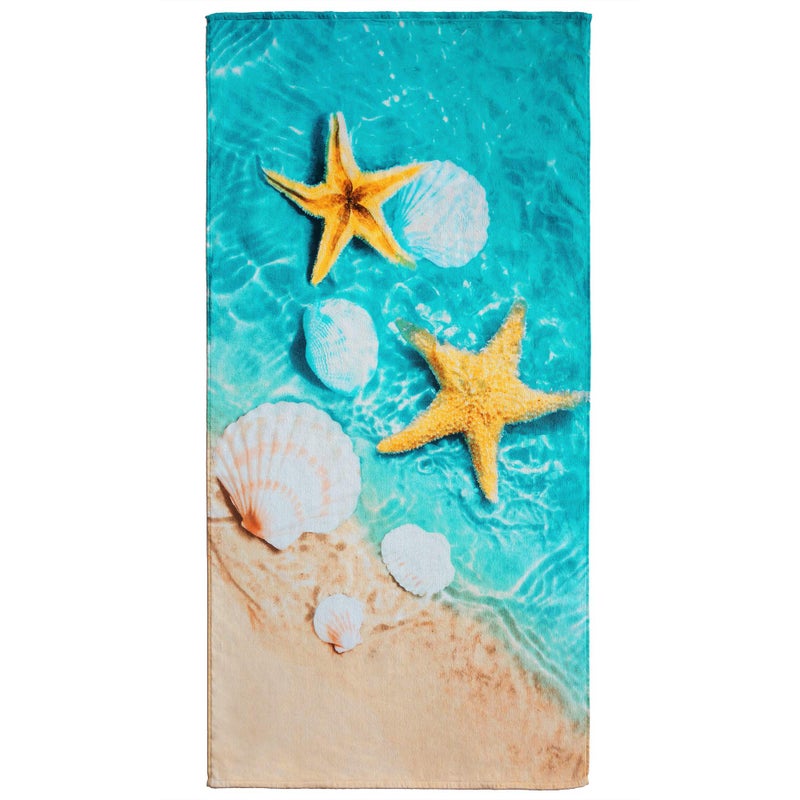 Softerry Starfish & Seashells Beach Towel 30 x 60 inch Velour Terry 100% Cotton, Blue and Sand - Image 2